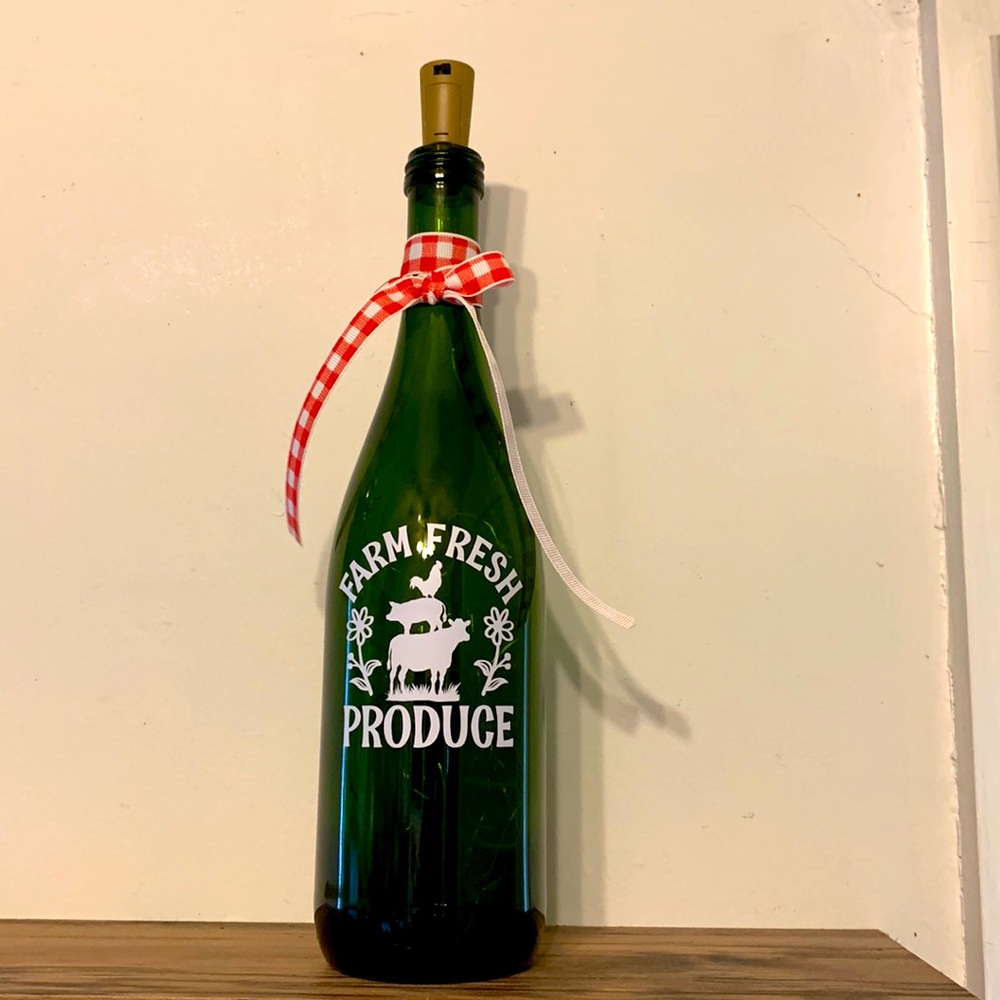 Hand Crafted-‘Farm Fresh Produce’ logo green Champaign bottle lantern
